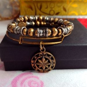 ALEX AND ANI 2 PC COMPASS BANGLE & TWO TONE ROCKER BRACELET SET